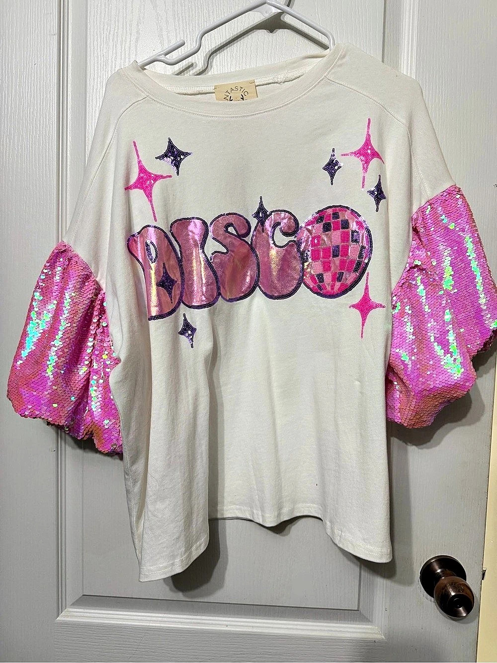 Sequin Sleeve Graphic Tee in White & Pink Size Large Like Ne